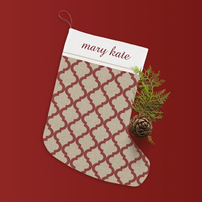 Rustic Faux Burlap and Red Moroccan Quatrefoil Small Christmas Stocking (Creator Uploaded)