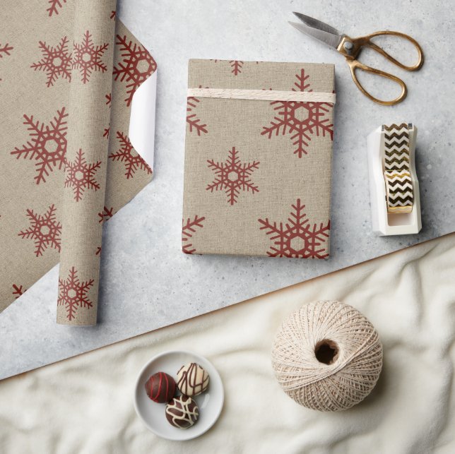 Rustic Faux Burlap and Red Snowflake Pattern Wrapping Paper (Crafts)