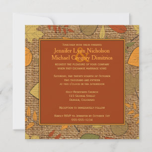 Rustic FAUX Burlap & Autumn Leaves Wedding Invite