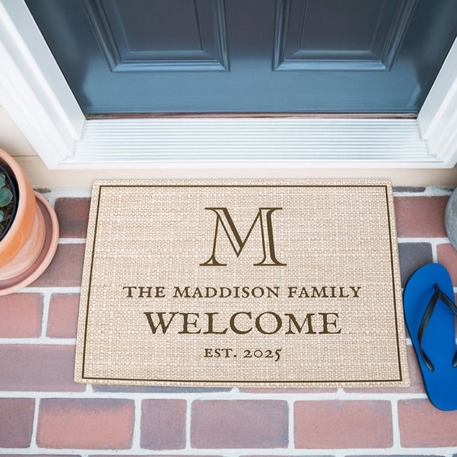 Rustic Faux Burlap Family Monogram Welcome Brown Doormat (Creator Uploaded)