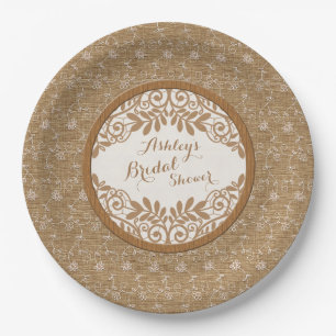Rustic Faux Burlap Lace Wood Wedding Bridal Shower Paper Plate