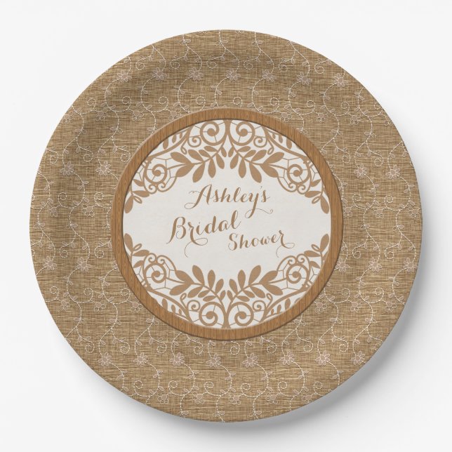Rustic Faux Burlap Lace Wood Wedding Bridal Shower Paper Plate (Front)