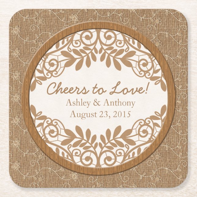 Rustic Faux Burlap Lace Wood Wedding Personalised Square Paper Coaster (Front)
