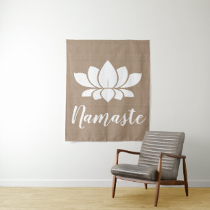 Rustic Faux Burlap Namaste White Lotus Yoga Tapestry