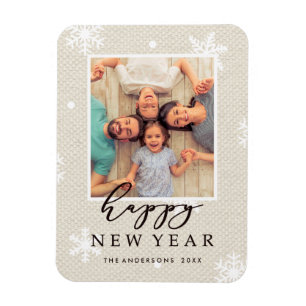 Rustic Faux Burlap Texture Happy New Year Photo Magnet