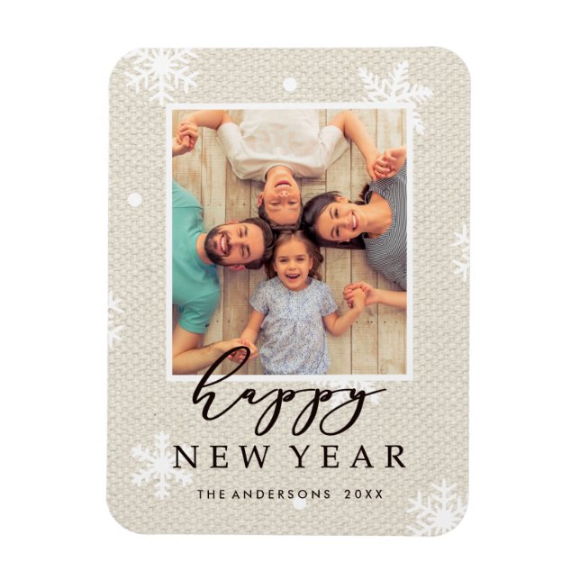 Rustic Faux Burlap Texture Happy New Year Photo Magnet (Vertical)