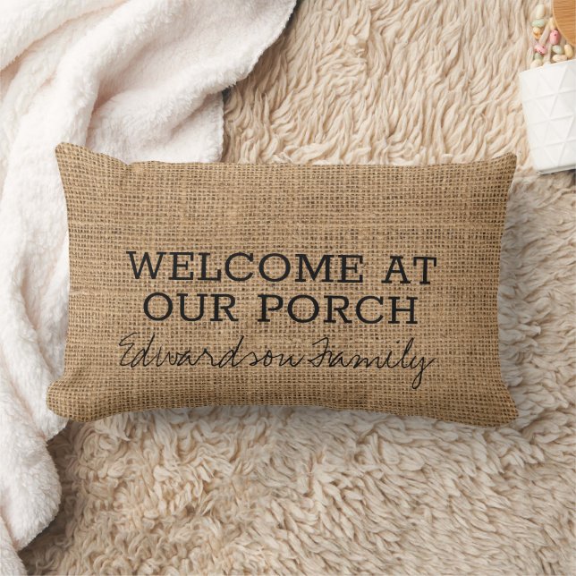 Rustic faux burlap welcome porch family name lumbar cushion (Blanket)