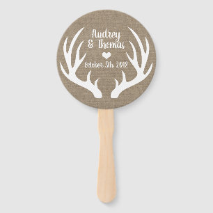 Rustic Faux Burlap & White Deer Antler Wedding Hand Fan