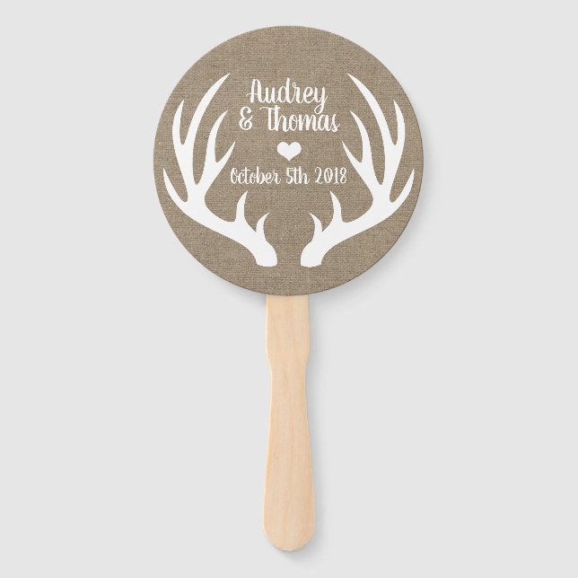 Rustic Faux Burlap & White Deer Antler Wedding Hand Fan (Front)