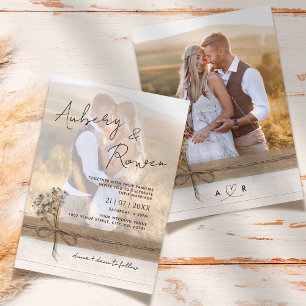 Rustic Faux Burlap Wood Flower Boho Photo Wedding Invitation