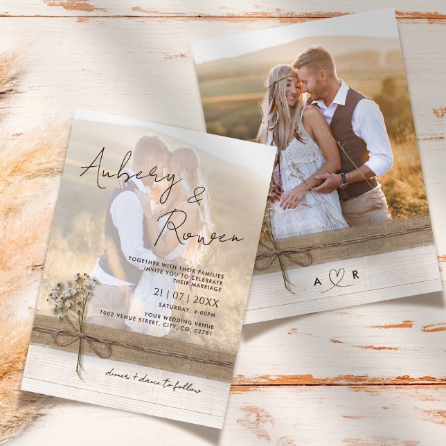 Rustic Faux Burlap Wood Flower Boho Photo Wedding Invitation (Creator Uploaded)
