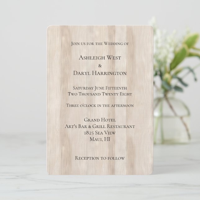 Rustic Faux Cream White Wood Wedding Invitation (Standing Front)