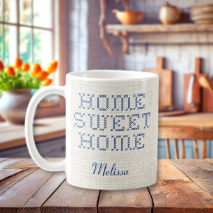 Rustic Faux Cross-Stitch Home Sweet Home Blue Coffee Mug