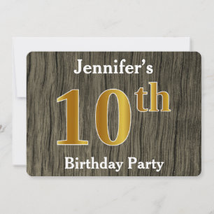 Rustic, Faux Gold 10th Birthday Party; Custom Name Invitation