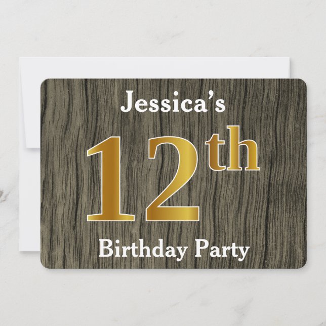 Rustic, Faux Gold 12th Birthday Party; Custom Name Invitation (Front)