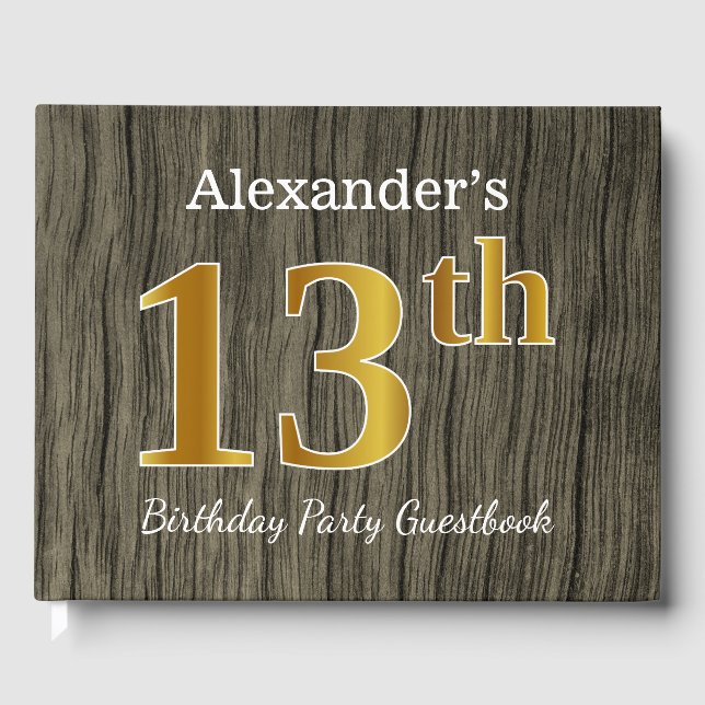Rustic, Faux Gold 13th Birthday Party; Custom Name Guest Book (Front)