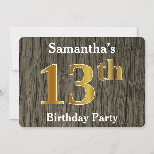 Rustic, Faux Gold 13th Birthday Party; Custom Name Invitation (Front)