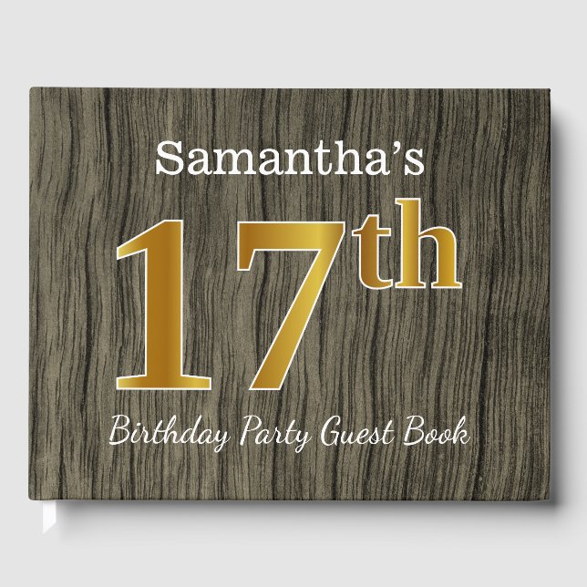 Rustic, Faux Gold 17th Birthday Party; Custom Name Guest Book (Front)