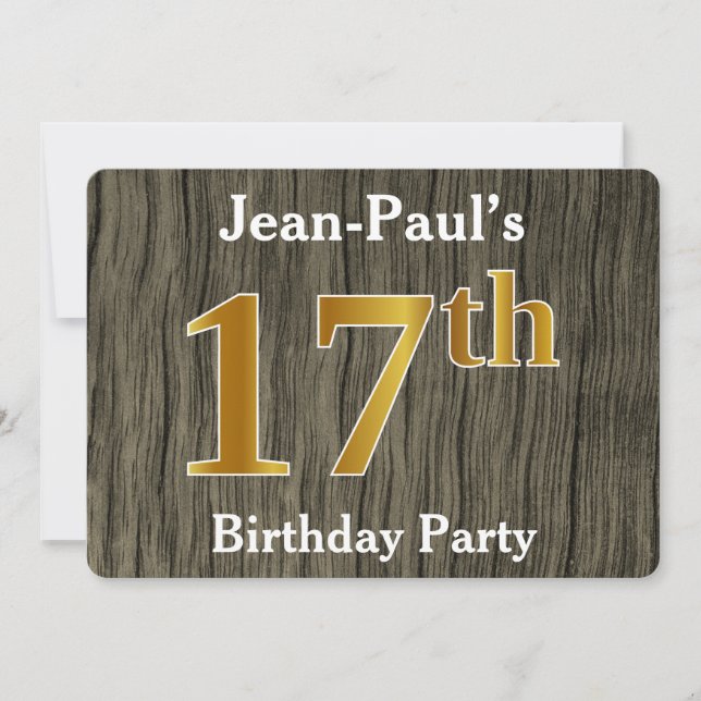Rustic, Faux Gold 17th Birthday Party; Custom Name Invitation (Front)