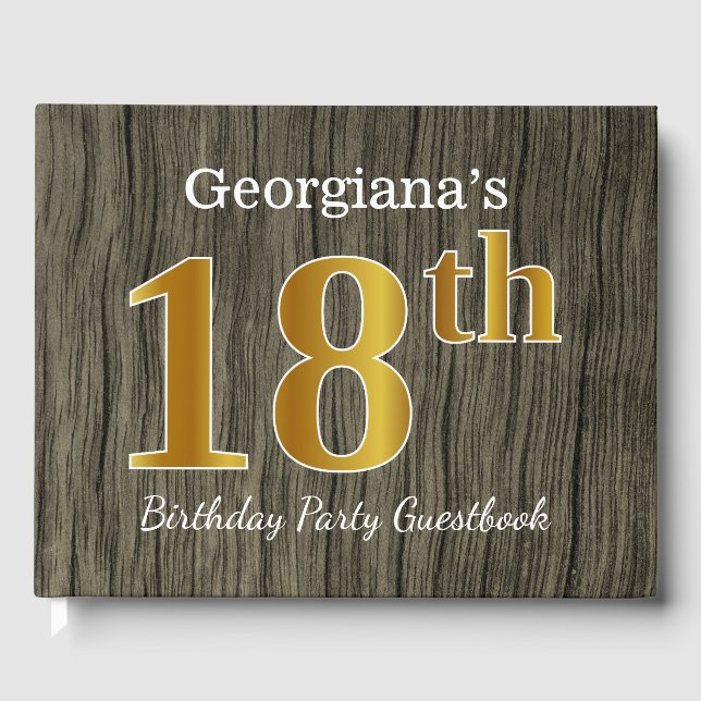Rustic, Faux Gold 18th Birthday Party; Custom Name Guest Book (Front)