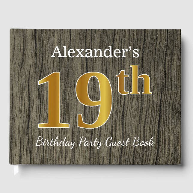 Rustic, Faux Gold 19th Birthday Party; Custom Name Guest Book (Front)