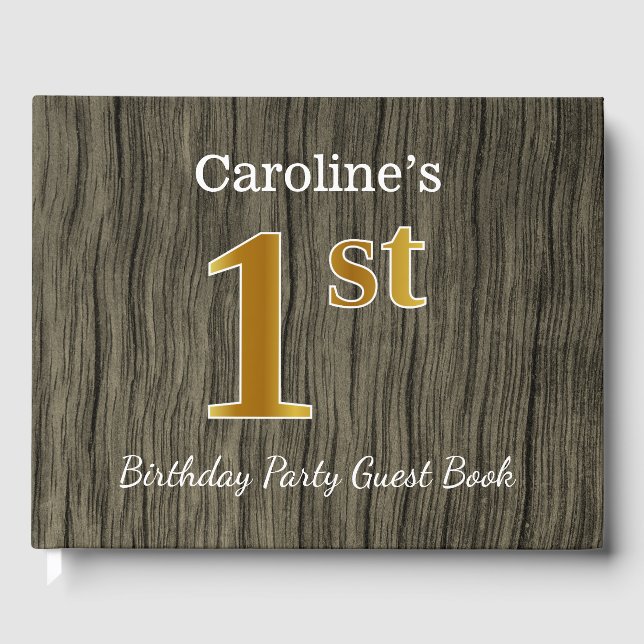 Rustic, Faux Gold 1st Birthday Party + Custom Name Guest Book (Front)