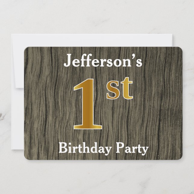 Rustic, Faux Gold 1st Birthday Party; Custom Name Invitation (Front)