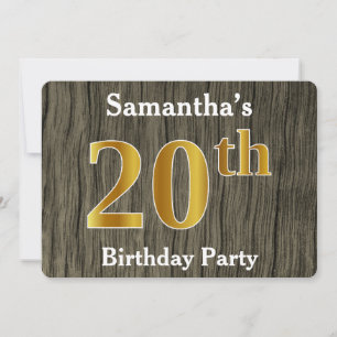 Rustic, Faux Gold 20th Birthday Party; Custom Name Invitation