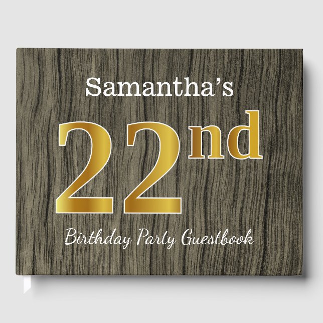 Rustic, Faux Gold 22nd Birthday Party; Custom Name Guest Book (Front)