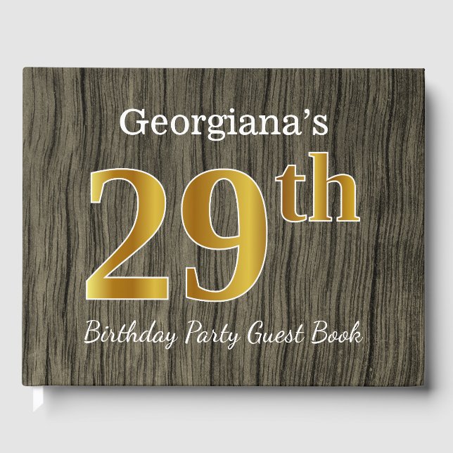 Rustic, Faux Gold 29th Birthday Party; Custom Name Guest Book (Front)