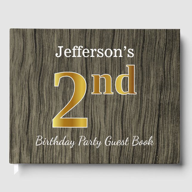Rustic, Faux Gold 2nd Birthday Party + Custom Name Guest Book (Front)