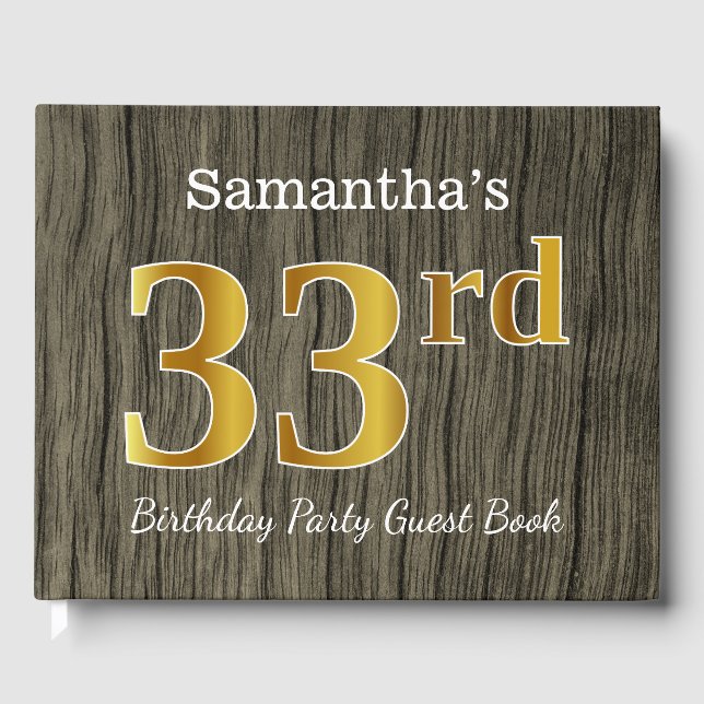 Rustic, Faux Gold 33rd Birthday Party; Custom Name Guest Book (Front)