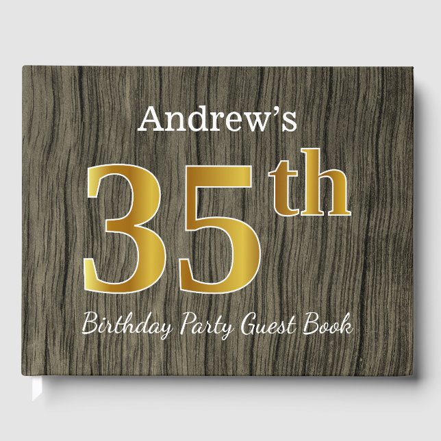 Rustic, Faux Gold 35th Birthday Party; Custom Name Guest Book (Front)