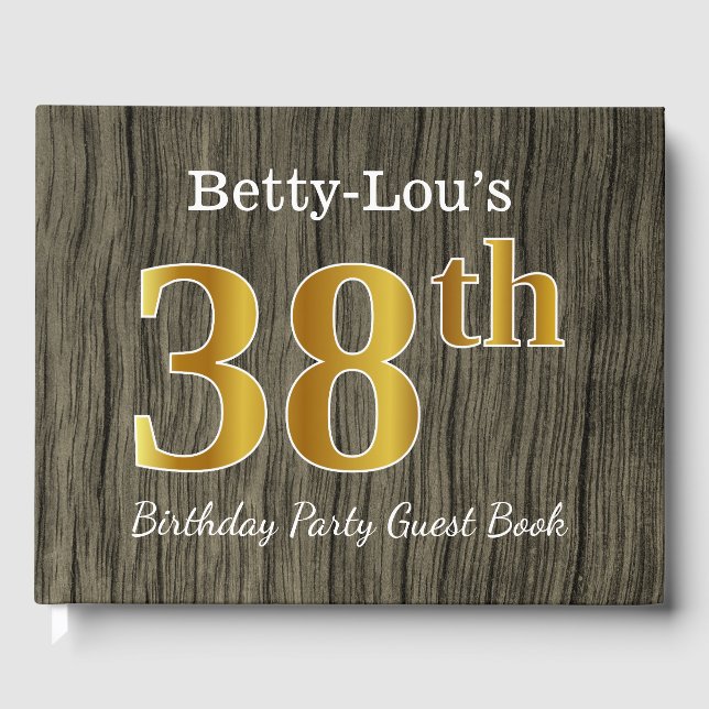 Rustic, Faux Gold 38th Birthday Party; Custom Name Guest Book (Front)