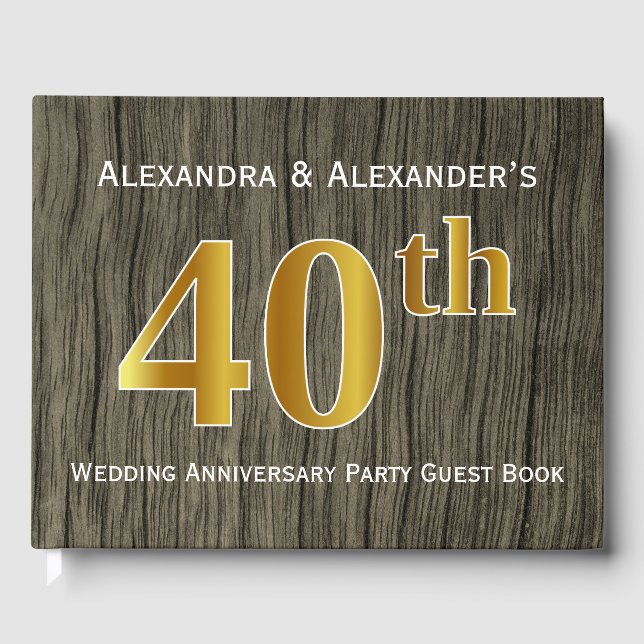Rustic, Faux Gold 40th Wedding Anniversary Party Guest Book (Front)