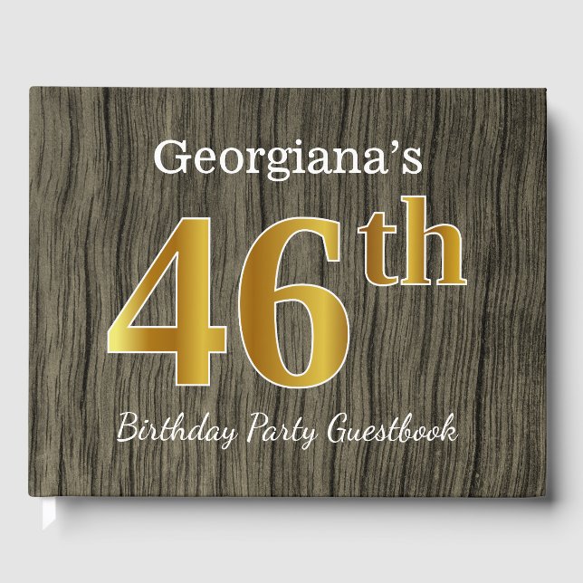 Rustic, Faux Gold 46th Birthday Party; Custom Name Guest Book (Front)