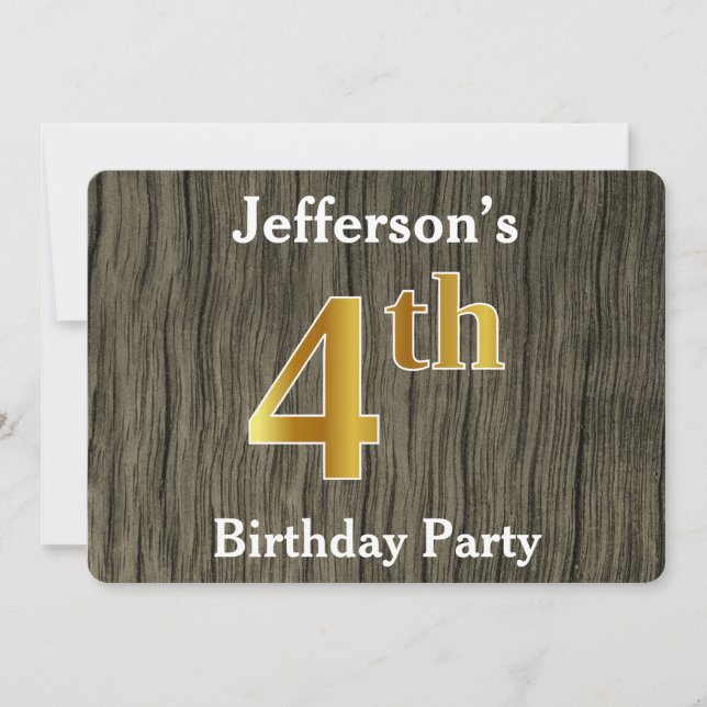 Rustic, Faux Gold 4th Birthday Party; Custom Name Invitation (Front)