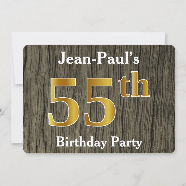 Rustic, Faux Gold 55th Birthday Party; Custom Name Invitation (Front)