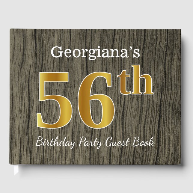 Rustic, Faux Gold 56th Birthday Party; Custom Name Guest Book (Front)