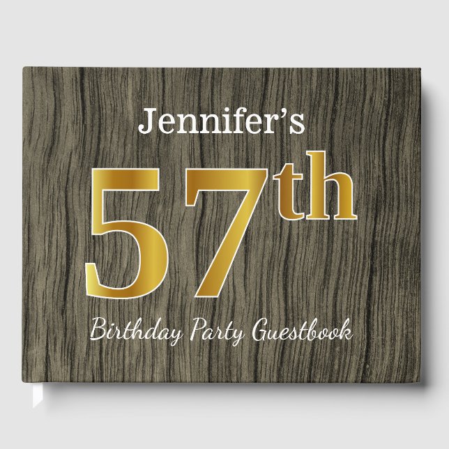 Rustic, Faux Gold 57th Birthday Party; Custom Name Guest Book (Front)
