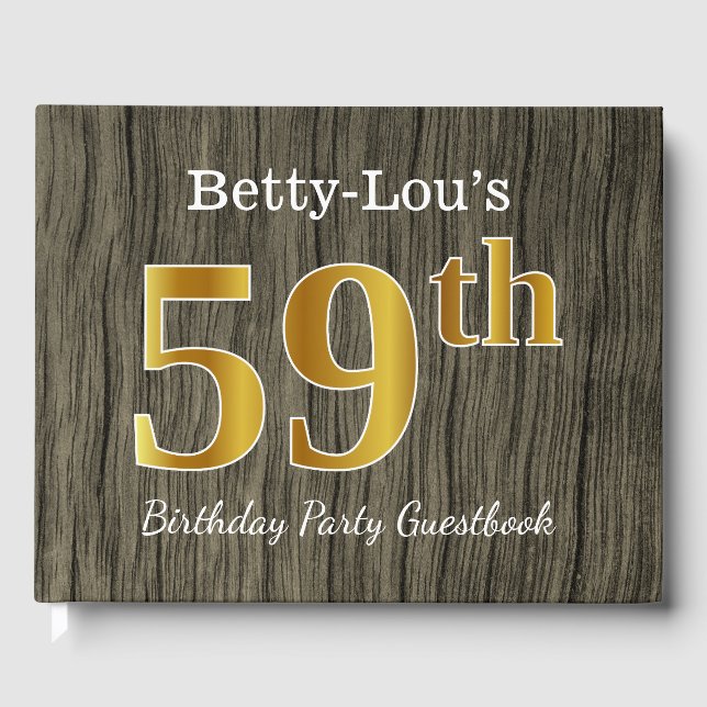 Rustic, Faux Gold 59th Birthday Party; Custom Name Guest Book (Front)