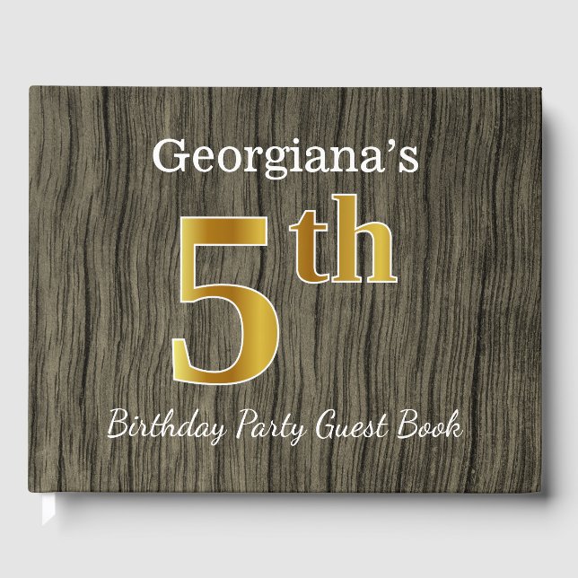 Rustic, Faux Gold 5th Birthday Party + Custom Name Guest Book (Front)