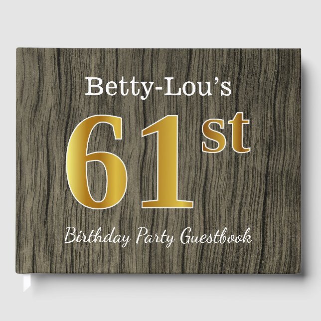 Rustic, Faux Gold 61st Birthday Party; Custom Name Guest Book (Front)