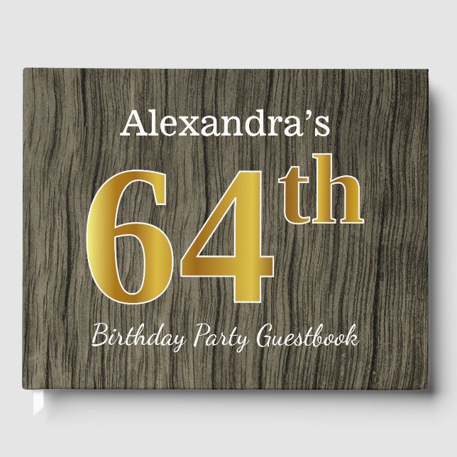 Rustic, Faux Gold 64th Birthday Party; Custom Name Guest Book (Front)