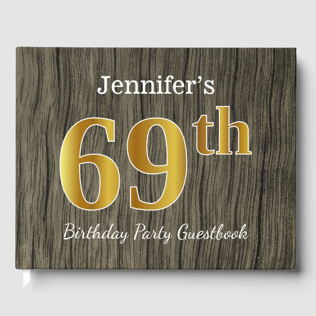 Rustic, Faux Gold 69th Birthday Party; Custom Name Guest Book (Front)