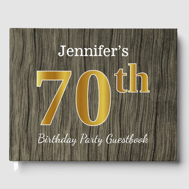 Rustic, Faux Gold 70th Birthday Party; Custom Name Guest Book (Front)
