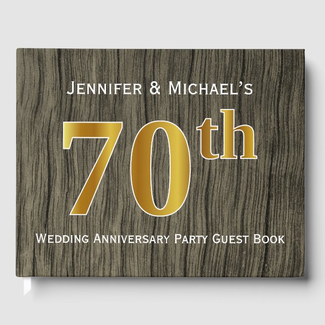 Rustic, Faux Gold 70th Wedding Anniversary Party Guest Book (Front)