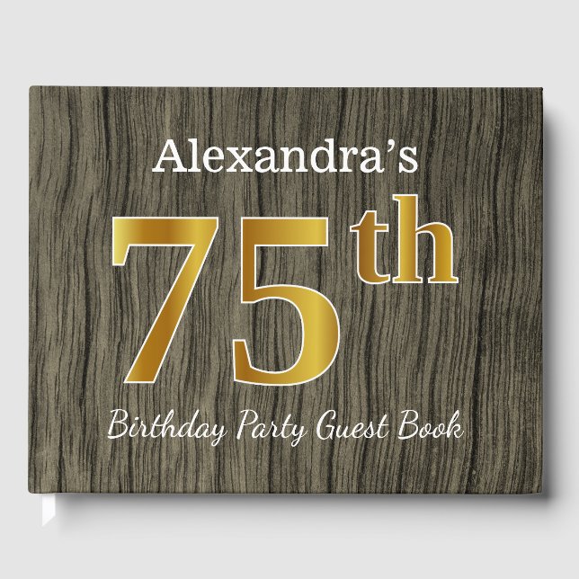Rustic, Faux Gold 75th Birthday Party; Custom Name Guest Book (Front)
