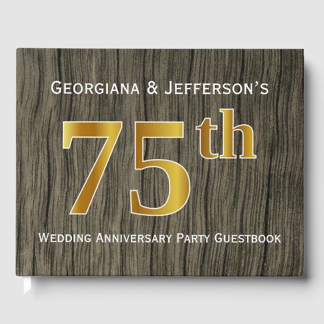 Rustic, Faux Gold 75th Wedding Anniversary Party Guest Book (Front)