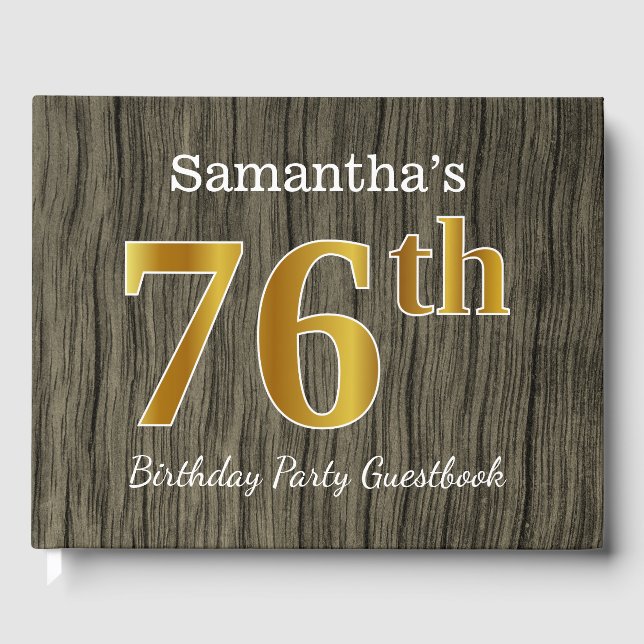 Rustic, Faux Gold 76th Birthday Party; Custom Name Guest Book (Front)